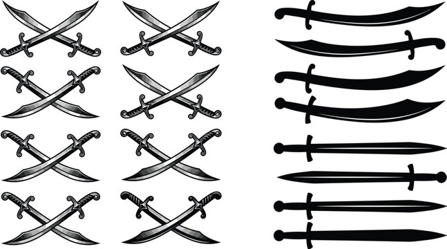 Set of ancient crossed swords and curved scimitar blades vector silhouettes isolated on a white background