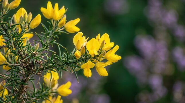 Bright yellow gorse flowers blooming on a green shrub branch.
