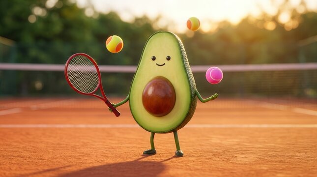 A cute avocado character holding a tennis racket on a sunny clay court.