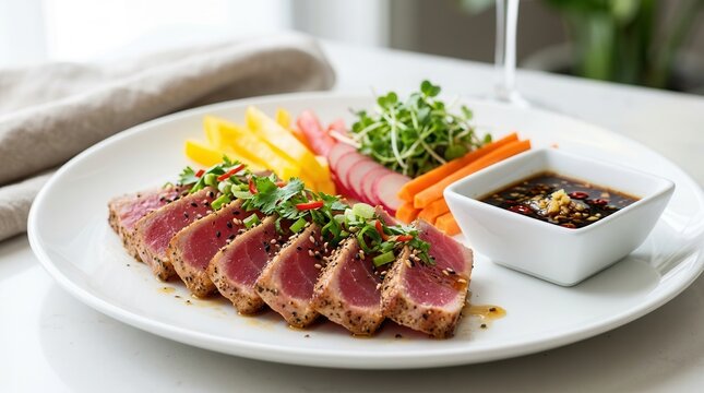 Seared ahi tuna steak served with fresh vegetables and dipping sauce