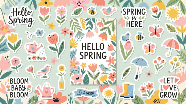 Vibrant Spring Stickers Collection Featuring Hello Spring Quotes Floral Elements and Charming Springtime Greeting Card Designs for Seasonal Decoration
