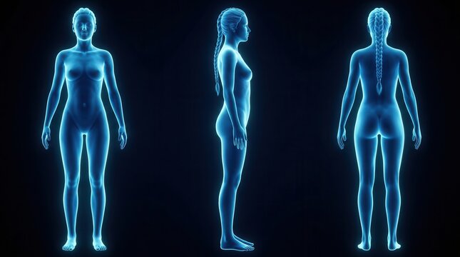 3D rendered medical illustration of a tall female body in three views.