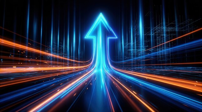 Glowing blue arrow pointing upwards amidst streaks of light and digital progress.