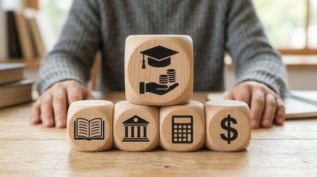 Concept of FAFSA and student financial aid represented by wooden blocks.