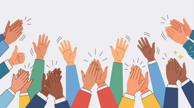 Wide banner format showing a diverse crowd of enthusiastic people applauding with raised human hands in ovation during a public performance or celebratory event with cheering palms and applause.