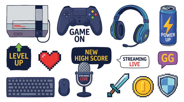 Comprehensive Collection of Retro Video Game Sticker Featuring Pixelated Controller Icon and Digital Gaming Element in Flat Vector Graphic Design Style for Gamer
