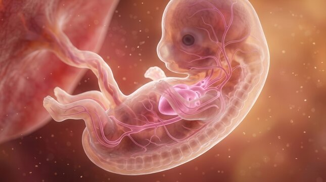 3D rendered medical illustration of the cardiovascular system of a 6 week old embryo.