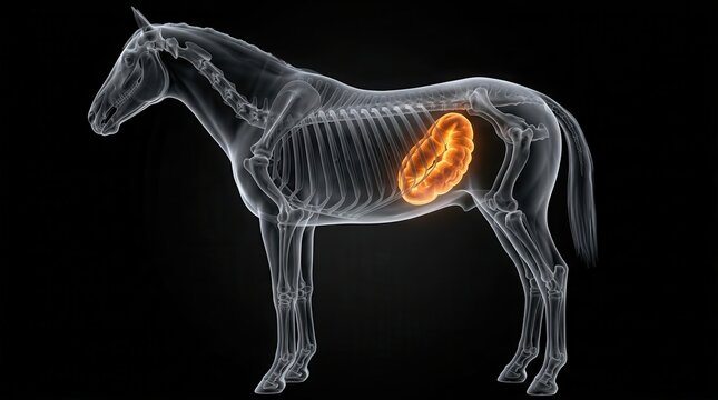 3D anatomical depiction showing the horse cecum highlighted in orange.
