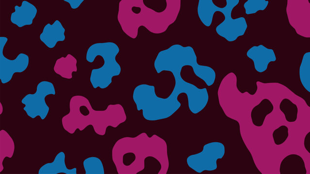 Abstract modern pattern featuring vibrant blue and magenta organic shapes on a dark burgundy background, suitable for retro textile designs, backdrop, or digital wallpaper.