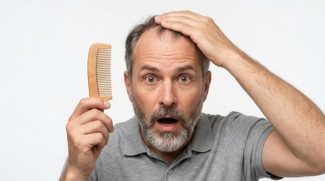 Shocked man holding a wooden comb and touching his head to reveal thinning hair.