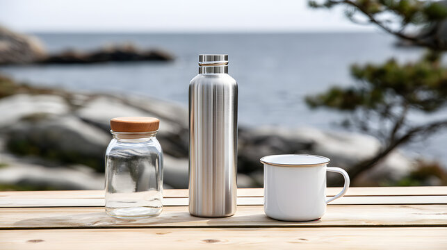 A stainless steel water bottle, a glass bottle with a wooden lid, and a white enamel mug placed on a wooden table beside a coastal area, where the background is blurred