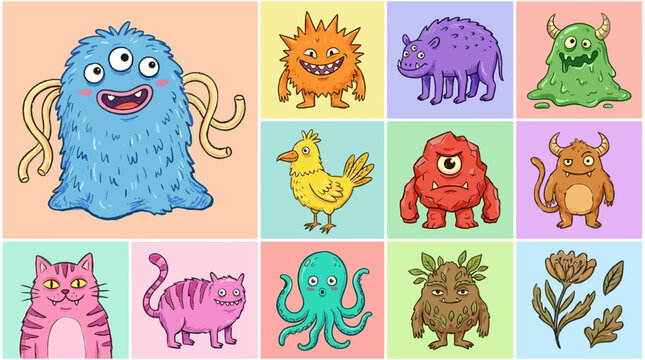 Vibrant collection of diverse cartoon monster and whimsical fantastic creature featuring unique shape and playful expression on white background for creative design.