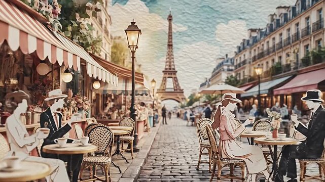 Watercolor Paris Landscape with Eiffel Tower and Pastel Cityscape Amid Cloudy Sky