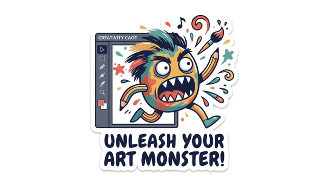 Vibrant Funny Sticker Design Representing Unleash Creativity Concept with Abstract Crazy Monster Character Illustration Isolated on Plain Background for Artistic Expression and Playful Branding