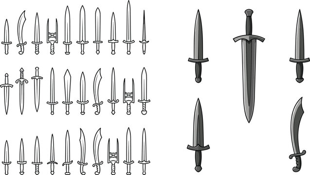 Set of medieval sword icons and historical weapon outlines for game design and vector illustrations