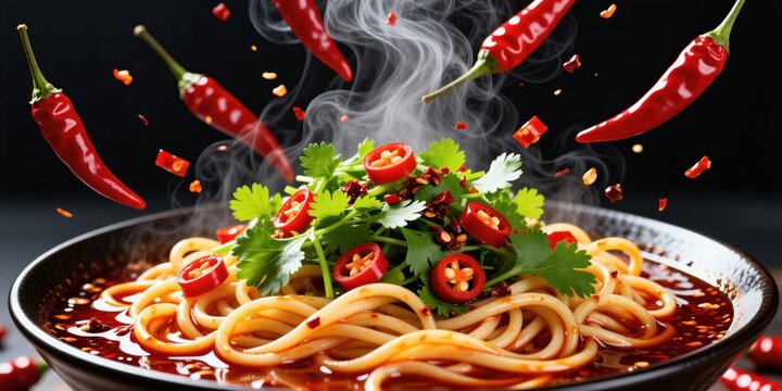 Hot spicy asian noodles in dark bowl with flying red chilies and steam. Fresh cilantro leaves and chili slices on top, flavorful broth, motion food concept.