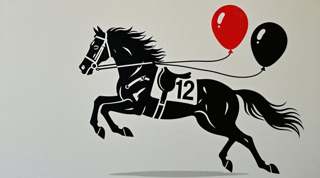 Black horse with saddle and number 12 floats, pulled by red and black balloons. Animal flies gently in air, suggesting fantasy or dreamlike race, abstract surrealism.