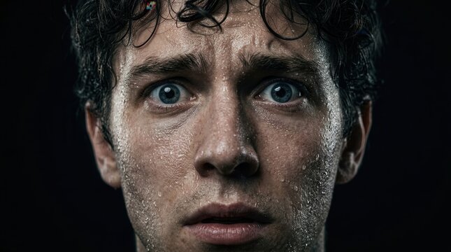 Dramatic close-up portrait of a person with wide startled eyes and sweaty skin.