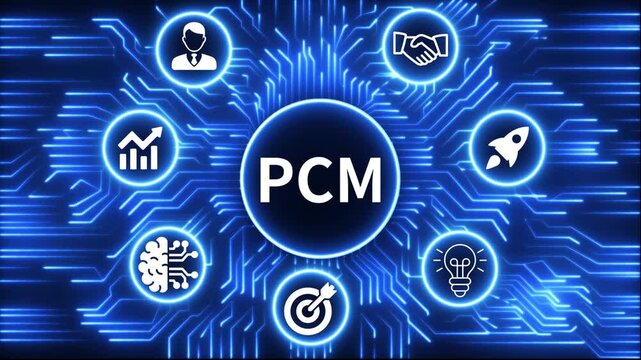 PCM icon surrounded by smaller icons for ai manufacturing strategy. A glowing neon, and manufacturing process management all connected in a digital circuit like pattern, 4k video 