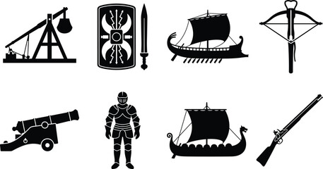 Obraz premium Medieval Warfare Equipment and Military Icons Set with Siege Weapons and Ships