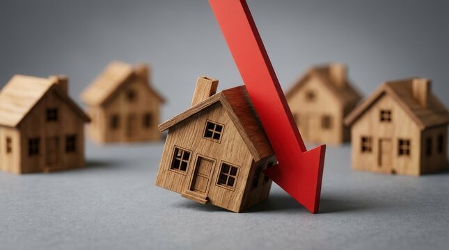 Real estate market crash concept with a falling red arrow striking a wooden house model.