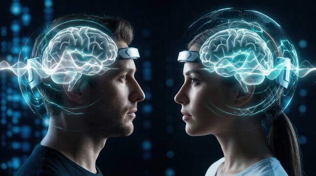 Two people using brain-computer interface headsets for futuristic telepathic communication.