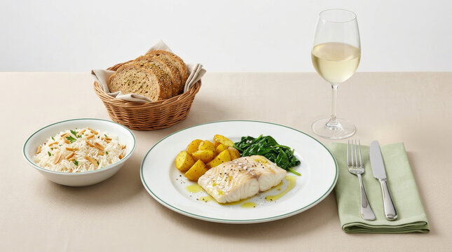 Grilled fish fillet with rustic potatoes, almond rice, and a glass of white wine on an elegantly set table &ndash; sea bass with potato and spinach.