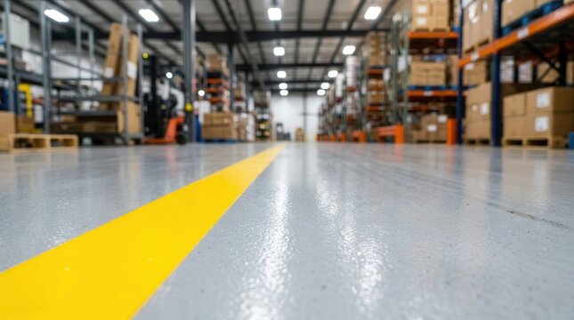 Durable epoxy anti-slip floor coating in a large industrial warehouse.