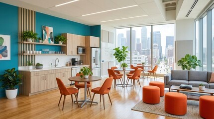 Fototapeta premium Modern office break room featuring a vibrant teal wall and orange chairs.
