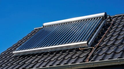 Fototapeta premium Modern solar thermal collector installed on a dark tiled roof under a clear blue sky.