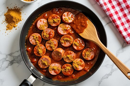 Sliced sausages simmered in savory curry sauce in frying pan. A wooden spatula stirs the dish sprinkled with curry powder. Ready to serve warm meal with red checkered napkin.