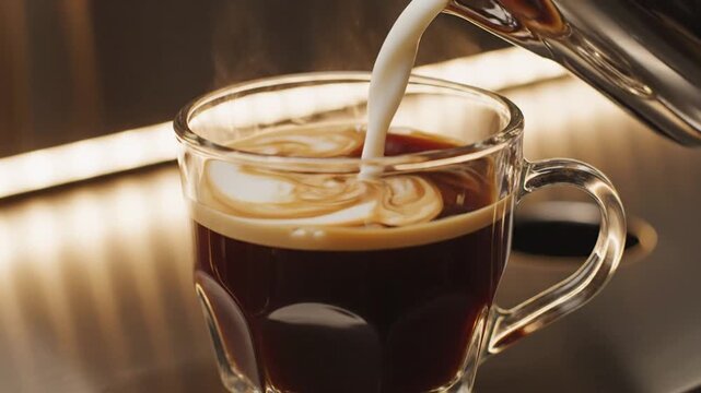 Pouring fresh milk into hot black coffee cup