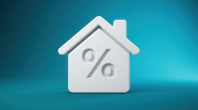 Minimalist white house icon with a large percentage symbol on a vibrant blue background.
