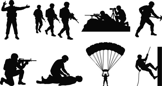 Military Soldier Silhouette Set with Tactical Operations Parachuting Rescue and Climbing Poses