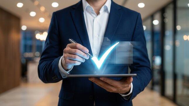 Faceless businessman approving a glowing digital document with a checkmark on a virtual screen.