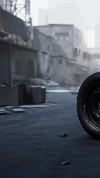 A street is shown with old cars and a broken tire lying on the ground. Buildings around look worn and empty. A mist covers the area, indicating it might be early morning or late afternoon.