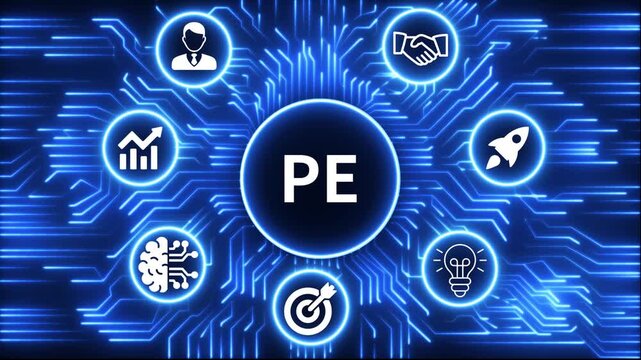 PE icon surrounded by smaller icons for ai manufacturing strategy. A glowing neon, and manufacturing process management all connected in a digital circuit like pattern, 4k video 