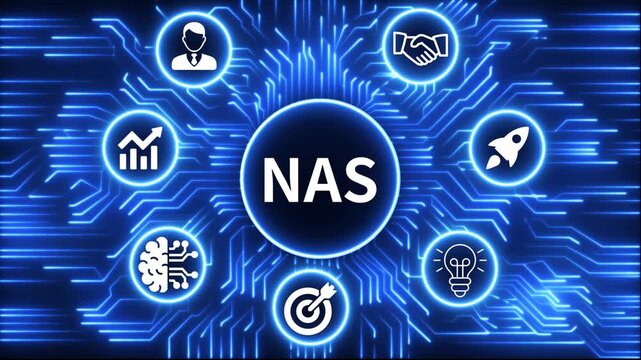 NAS icon surrounded by smaller icons for ai manufacturing strategy. A glowing neon, and manufacturing process management all connected in a digital circuit like pattern, 4k video 