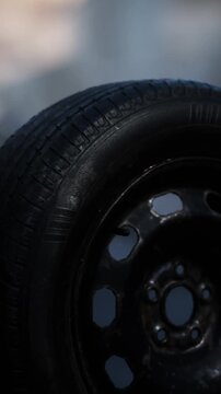 A black tire is shown in detail on a wheel with holes. The setting appears to be a workshop or garage. The focus is on the texture and design of the tire.
