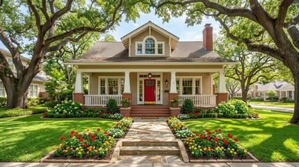 Obraz premium Traditional craftsman bungalow featuring a bright red door and large oak trees.