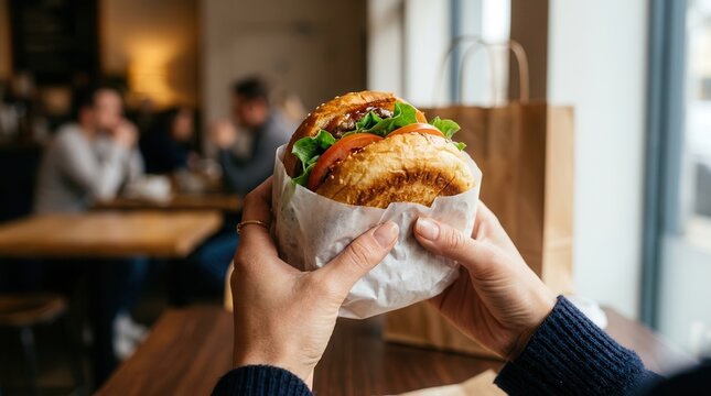 Woman's hands holding a delicious fresh burger wrapped in white paper.