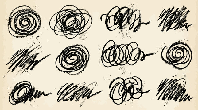 Abstract artistic collection of hand-drawn black charcoal wax crayon scribbles and messy textured swirls with a distressed gritty aesthetic on white paper for creative design elements.