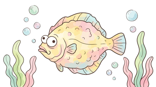 Tropical flatfish like a funny flounder or sole plaice swimming gracefully along the sandy ocean floor in a crystal clear undersea environment with vibrant aquatic life and marine ecosystem.