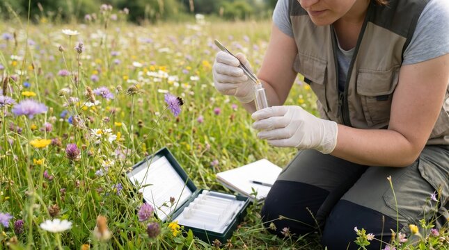 Ecologist sitting in a grassy meadow collecting pollen samples from a purple flower into a glass vial