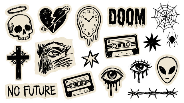 Comprehensive collection of twenty handdrawn grunge doodle element featuring edgy graffiti illustration gothic emo aesthetic icon groovy urban street art sketch and dark vector print