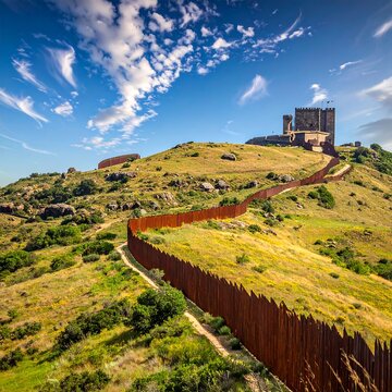 A long brown fence on a grassy hill with a blue sky