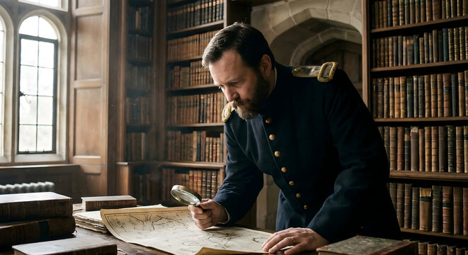 Oficial militar hist&oacute;rico en uniforme examinando un mapa antiguo con una lupa en una biblioteca cl&aacute;sica con libros antiguos.