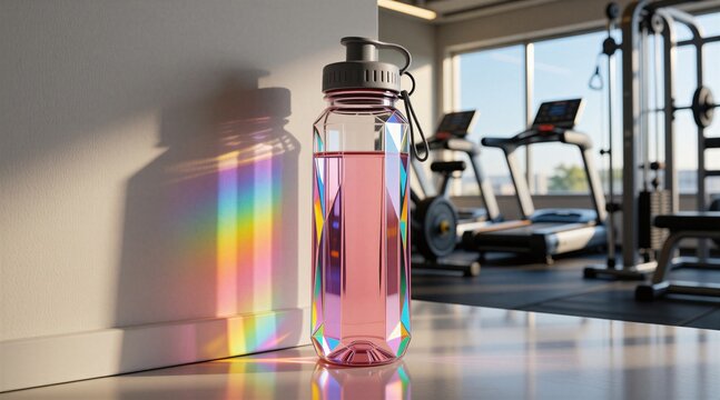 Stylish water bottle with pink liquid sits on a gym floor. Sunlight creates colorful rainbow reflections on a white wall. Treadmills and gym equipment blurred in background.