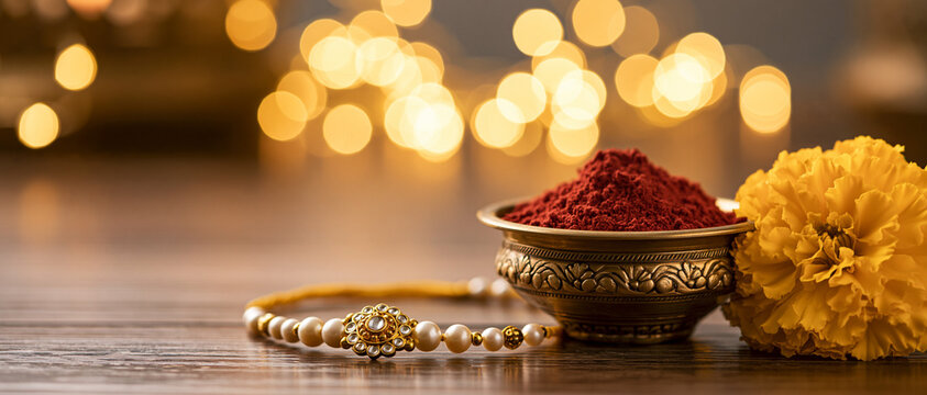 Elegant pearl Rakhi thread with red kumkum powder in a brass bowl and marigold flower on a wooden surface. Wide festive banner background for Raksha Bandhan with warm bokeh lights and large copy space