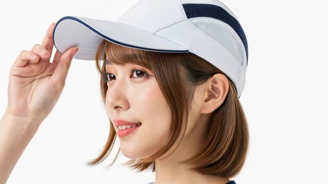 Sporty Chic: A young woman models a stylish white and navy cap, perfect for outdoor activities and adding a touch of sporty flair to any look.